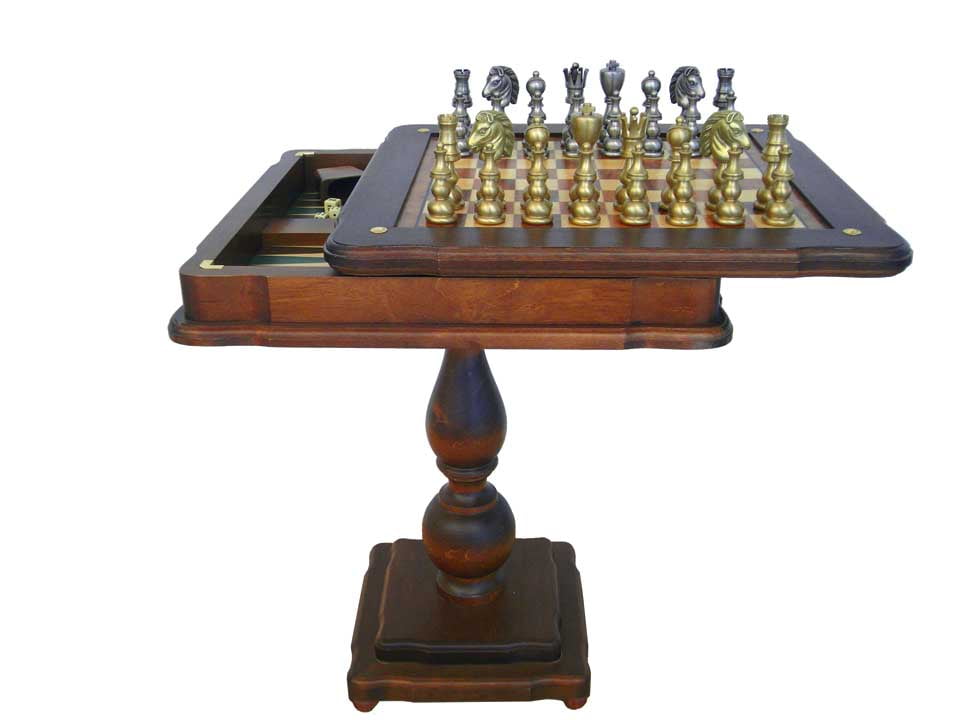 Solid Brass Pieces and Chess Table with Inlaid Briar Elm Board - Chessmove